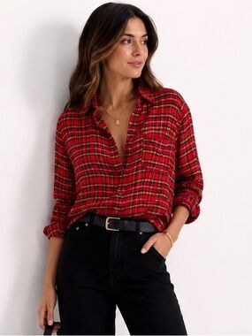 KUT From The Kloth Red Tartan Plaid Button Up Shirt Soft Rayon Holiday XS